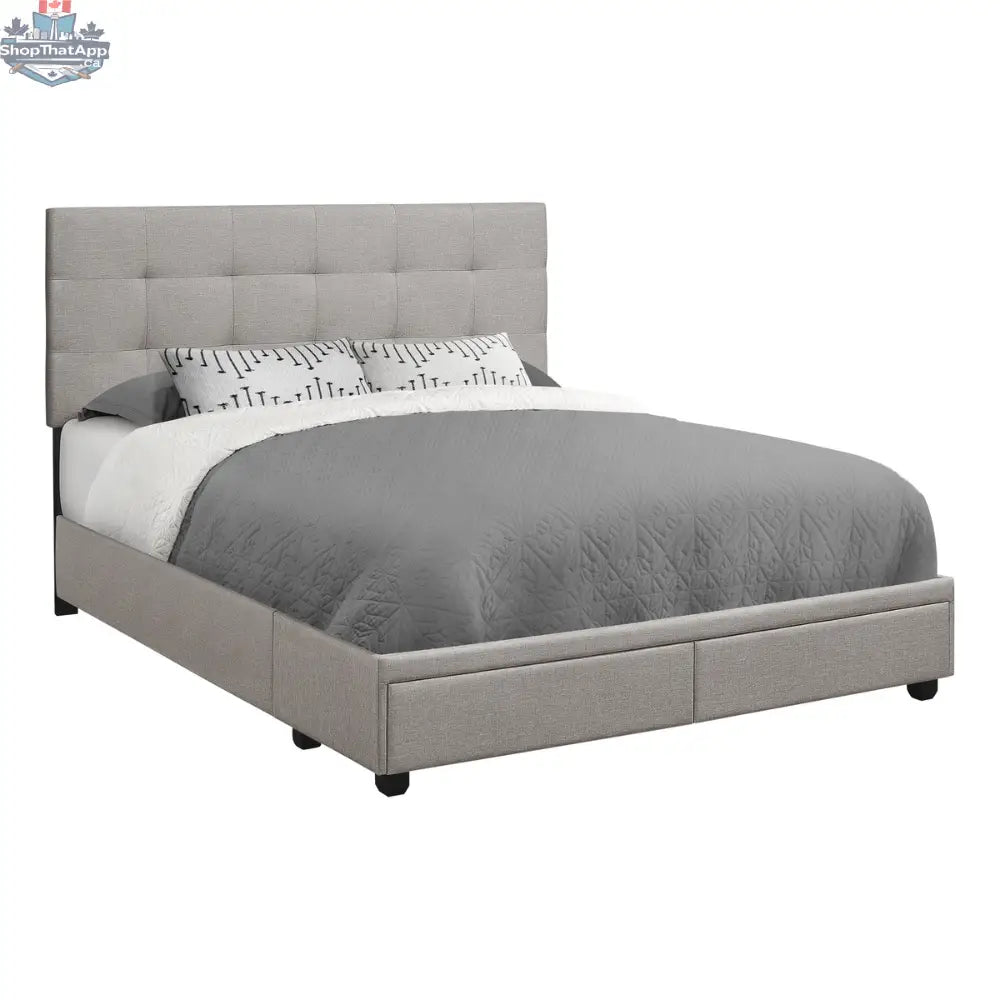 Gray fabric queen bed base with built-in storage drawers from Monarch I6020Q, designed for bedroom furniture.