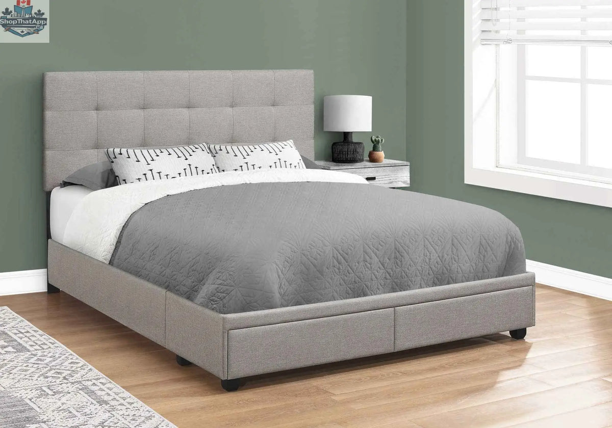 Grey fabric queen bed base with built-in storage drawers, model Monarch I6020Q, perfect for modern bedroom furniture.