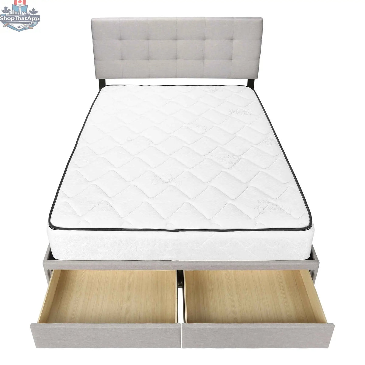Gray fabric queen storage bed base with built-in drawers from Monarch I6020Q, ideal for bedroom furniture.