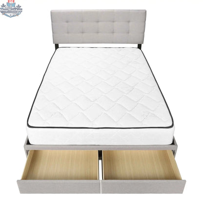 Gray fabric queen storage bed base with built-in drawers from Monarch I6020Q, ideal for bedroom furniture.