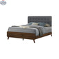 Queen bed base in walnut wood with gray fabric upholstery, modern bedroom furniture by oboxliquidation.