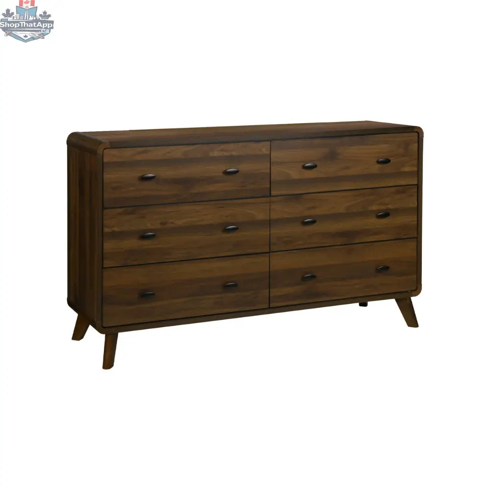 Noyer-finish Monarch Commode with 6 drawers, bedroom furniture piece, natural wood finish, modern storage solution