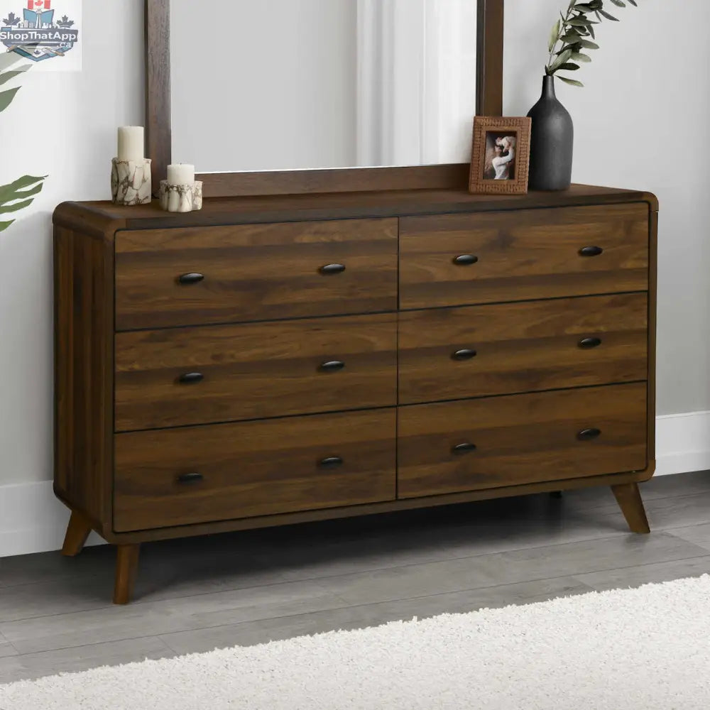Noyer finish Monarch Commode with 6 drawers, bedroom furniture piece, natural wood look, sleek storage solution for bedroom decor.