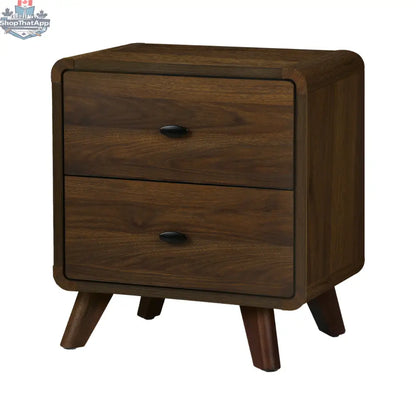 Noyer nightstand with two drawers and elegant Monarch finish, bedroom furniture piece showcasing smooth surface and modern design.