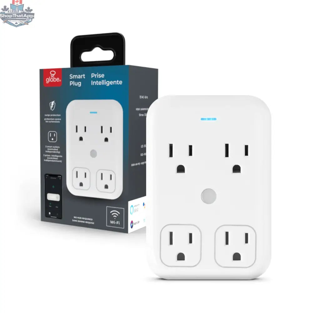 White smart power strip with four outlets, model 50228, by oboxliquidation, showing the device with multiple socket ports.
