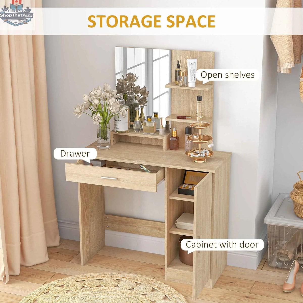 Evelyn vanity desk with mirror and adjustable shelves, SLOTH Nation bedroom furniture piece showing a stylish wooden vanity with mirror.
