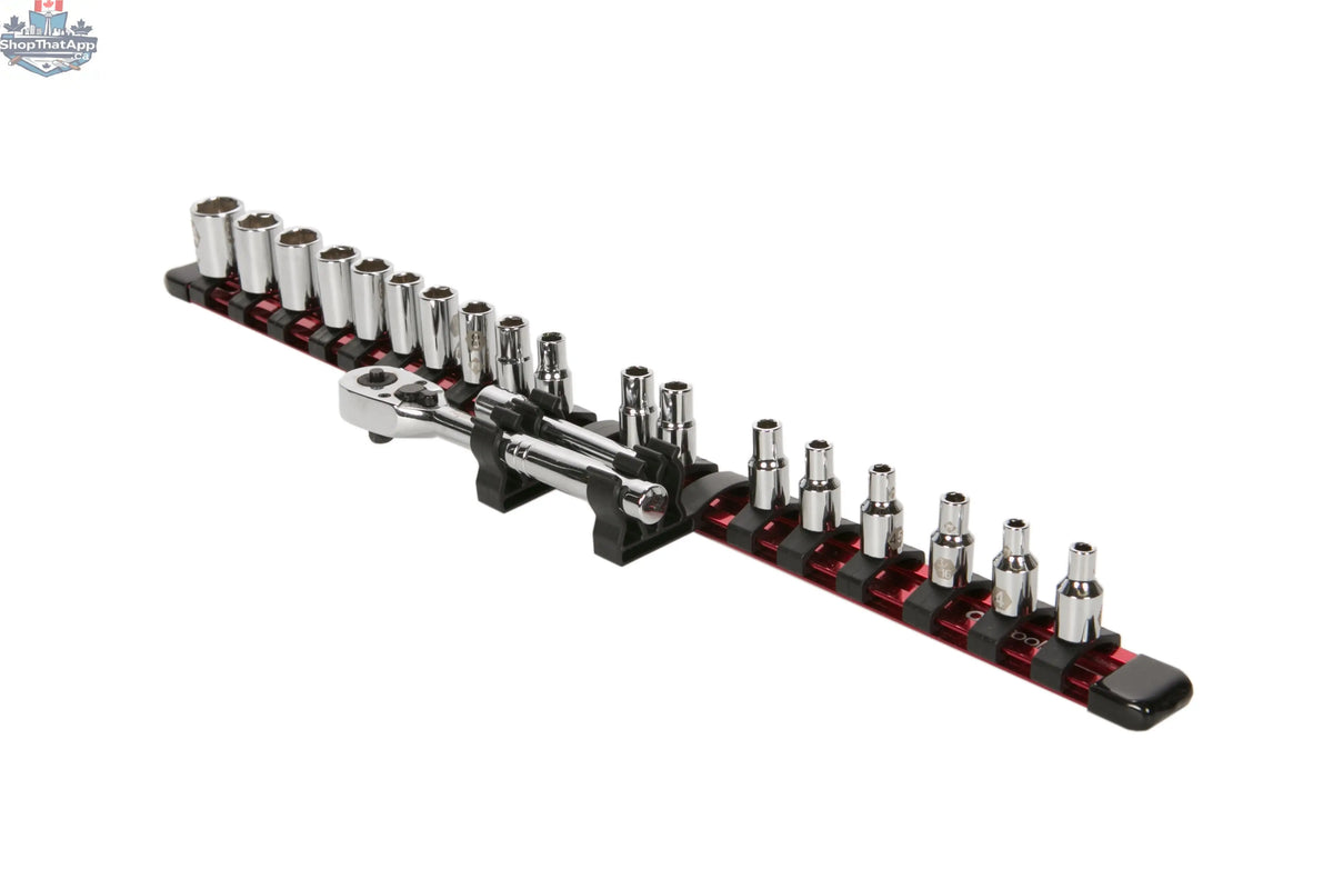 Olsa Tools Canada ratchet extension holder with extra clips for aluminum socket organizers, showing multiple clips attached