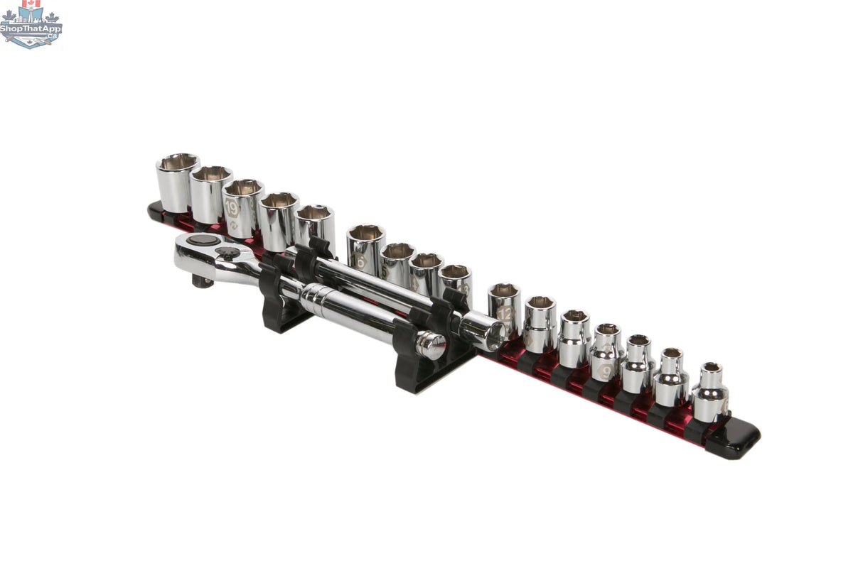 Olsa Tools Canada ratchet extension holder with extra clips for aluminum socket organizer, showing clips attached to the tool.