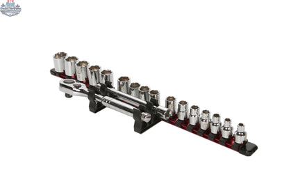 Olsa Tools Canada ratchet extension holder with extra clips for aluminum socket organizer, showing clips attached to the tool.
