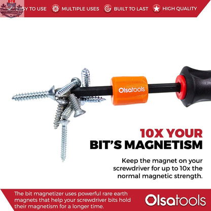 Olsa Tools Canada magnetizer and demagnetizer tool with ring and screwdriver bit holder for improved tool performance.