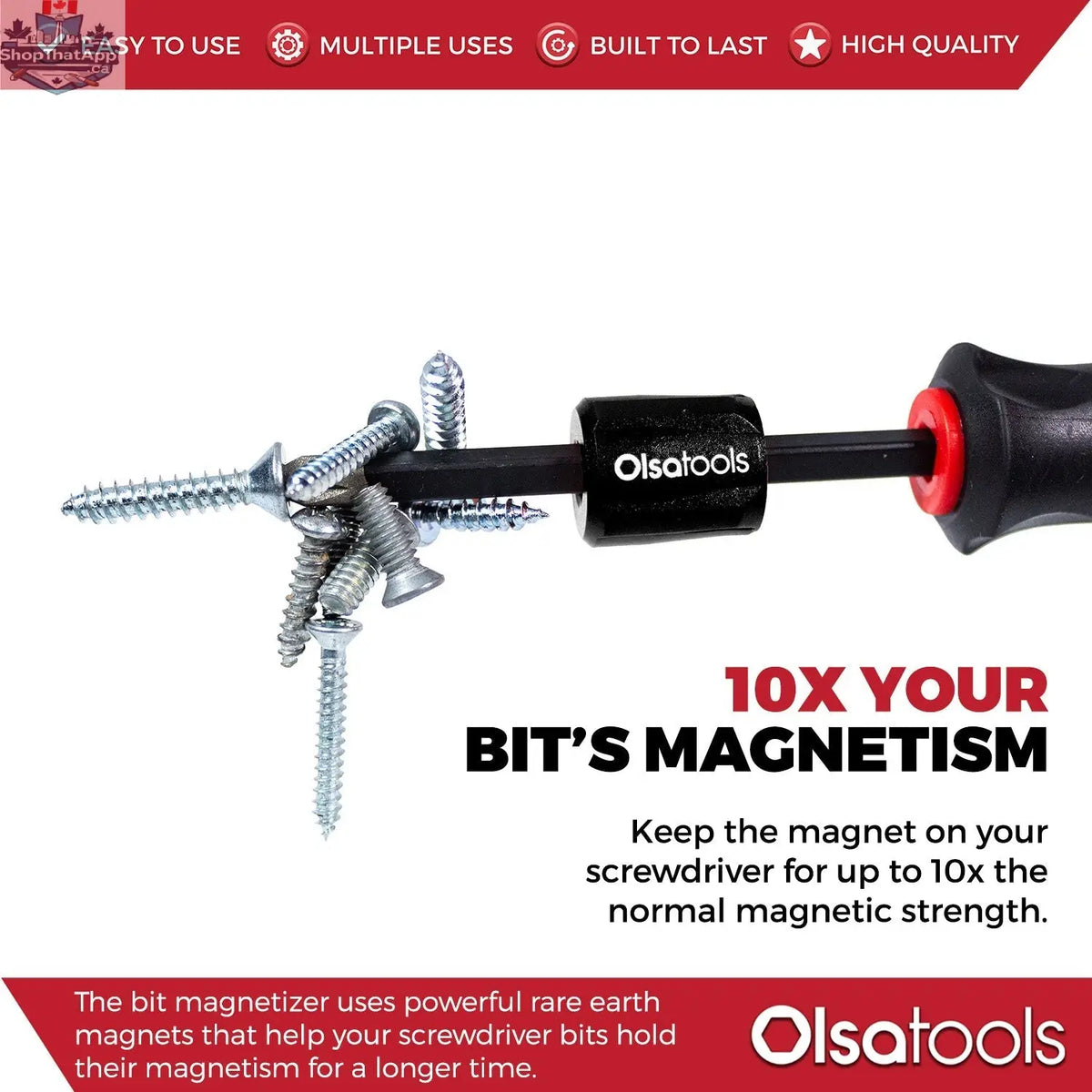 Olsa Tools Canada magnetizer and demagnetizer tool with ring and screwdriver bit holder, shown with magnetic and demagnetized bits