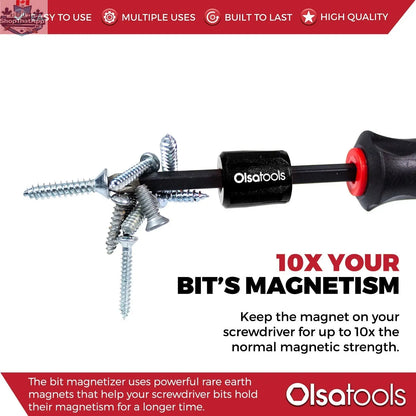 Olsa Tools Canada magnetizer and demagnetizer tool with ring and screwdriver bit holder, shown with magnetic and demagnetized bits