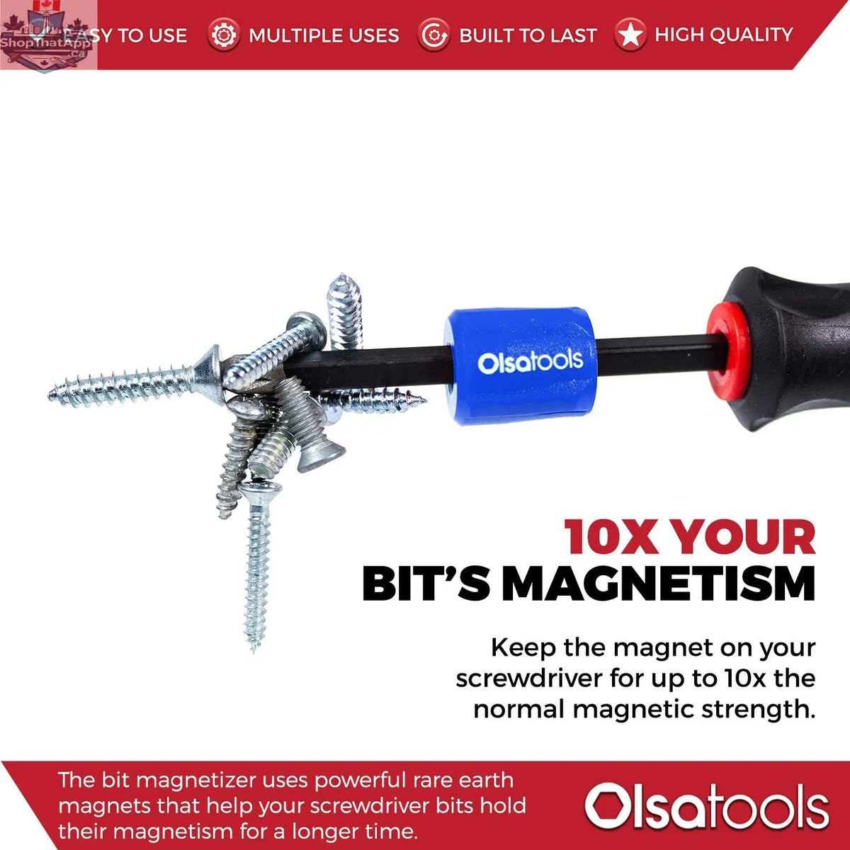 Olsa Tools Canada magnetizer and demagnetizer tool with ring and screwdriver bit holder for improved tool performance.