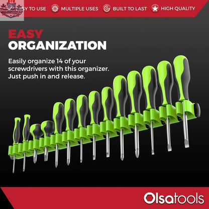 Olsa Tools Canada wall mount screwdriver storage holder with organized slots for screwdrivers, ideal for tool management.