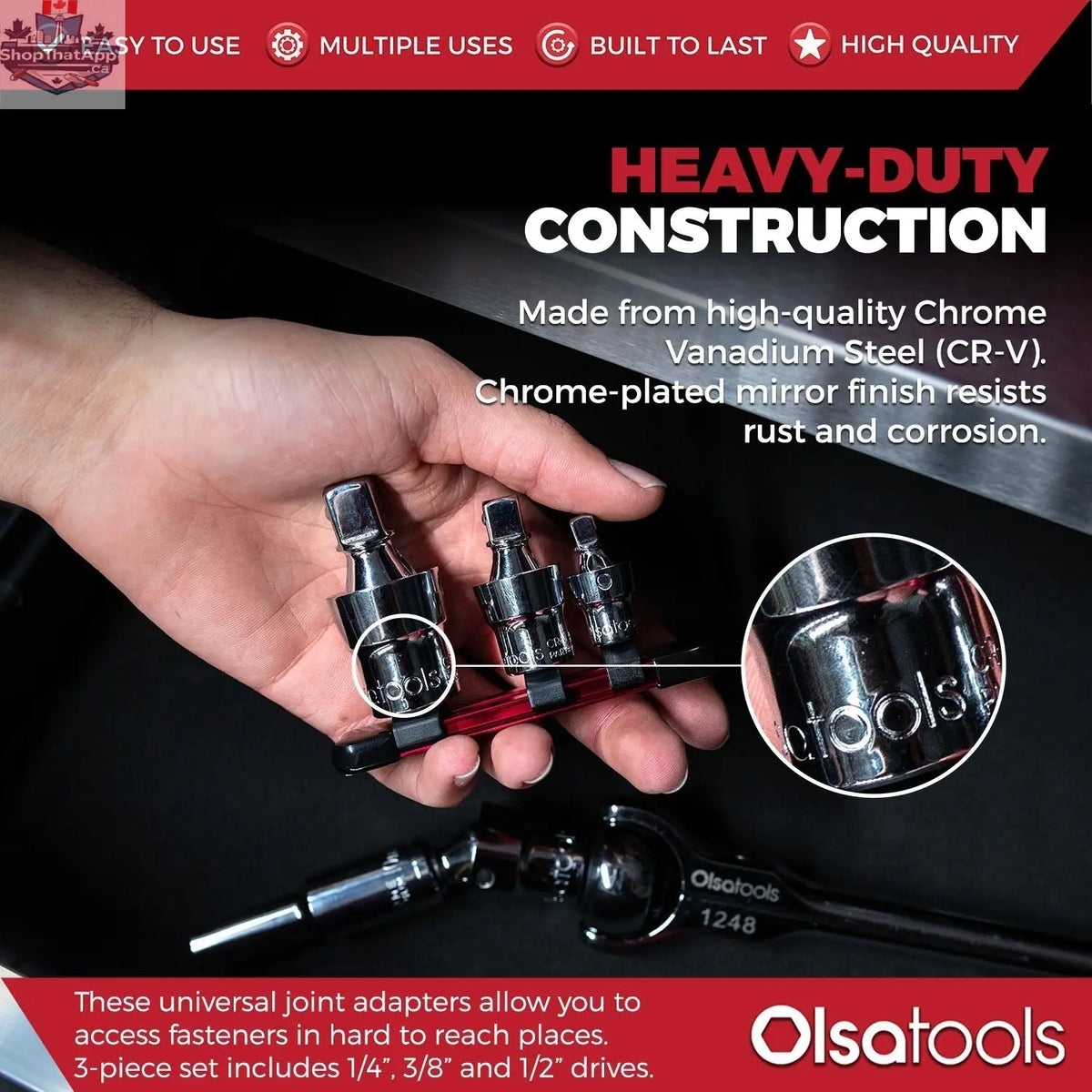 3pc Universal Joint Socket Adapter Set for 1/2", 3/8", and 1/4" Drive - Shopthatapp.ca