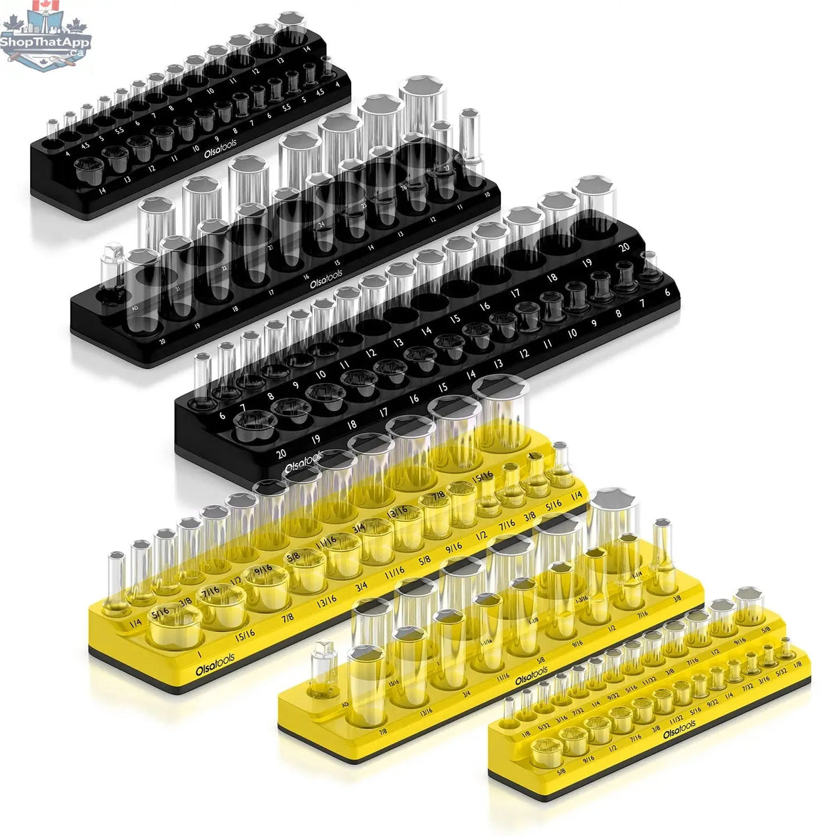 Black 2-row magnetic socket holder for 1/2 drive click torque wrenches, organized with SAE and metric sockets, by Olsa Tools Canada.