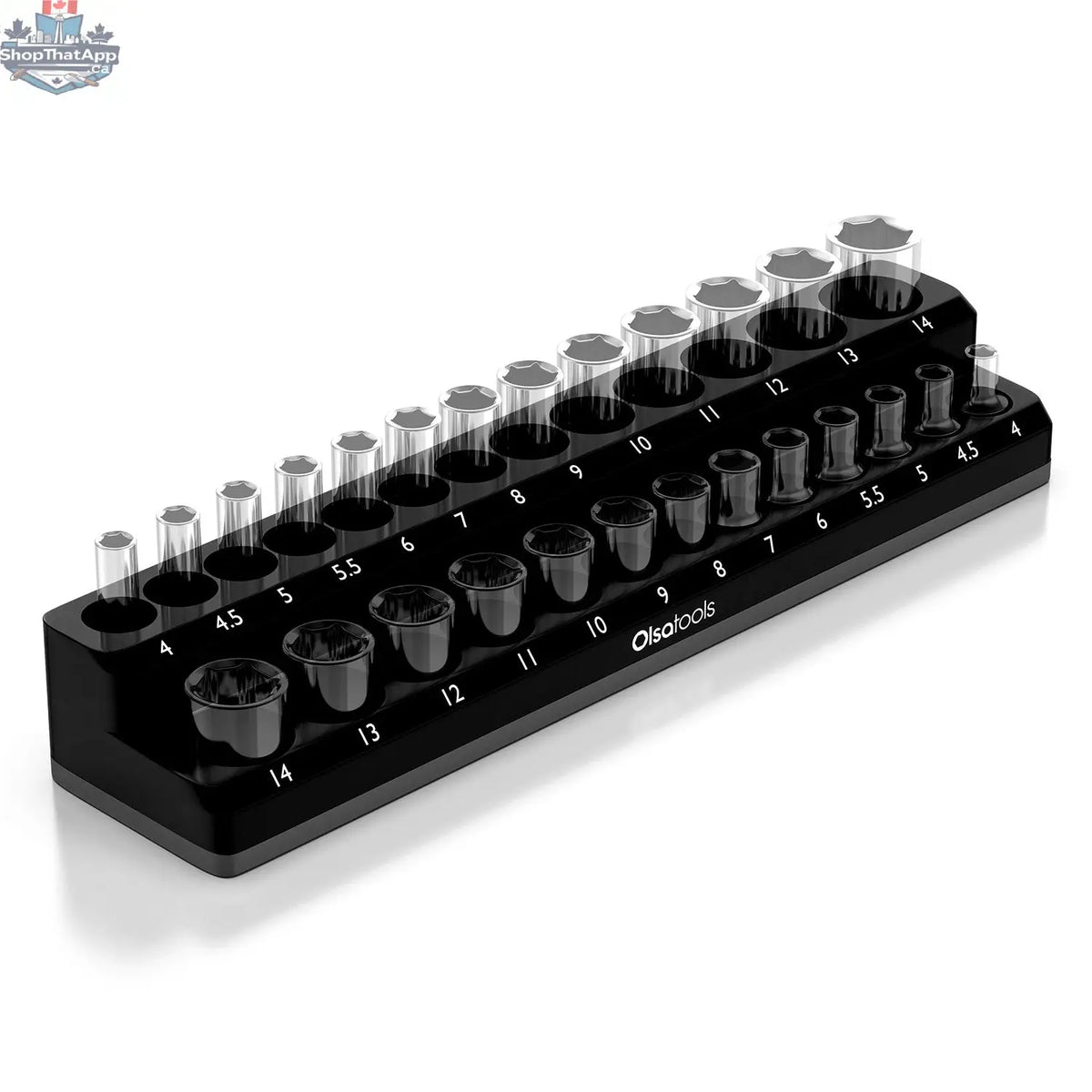 Black 2-row magnetic socket holders for 1/2 drive click torque wrench by Olsa Tools Canada, keeps sockets organized and secure.