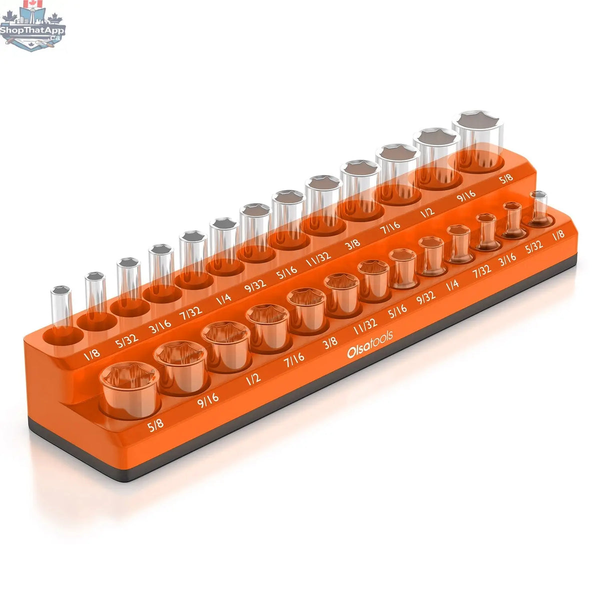 Olsa Tools Canada 2-Row Magnetic Socket Holders for 1/2 Drive Click Torque Wrench, organized socket storage with magnetic grips.