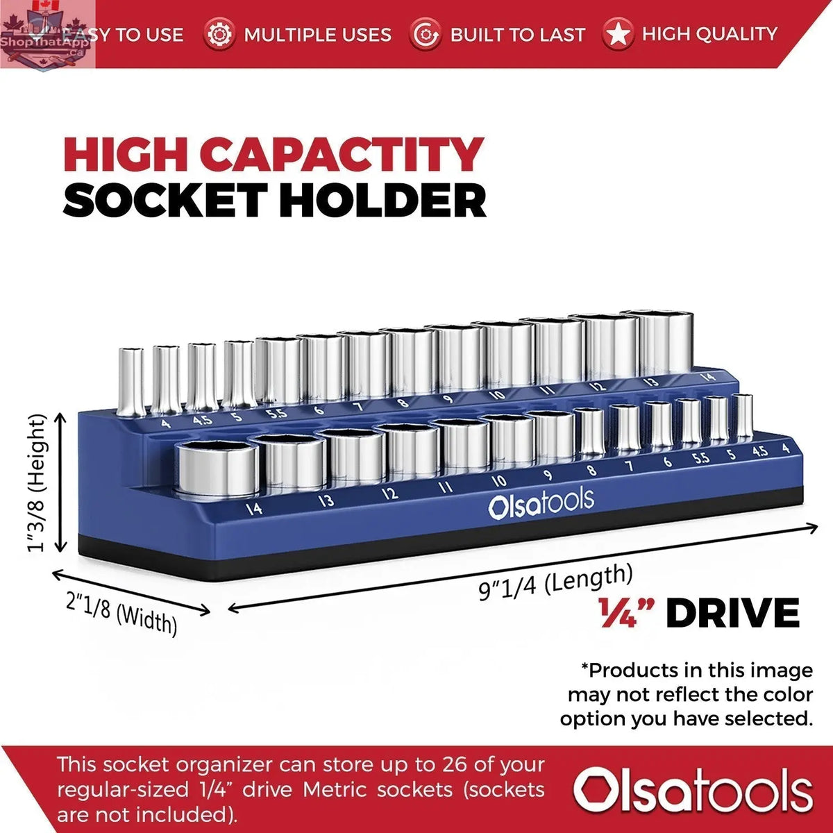 Infographic showing Olsa Tools Canada 2-Row Magnetic Socket Holders for 1/2 drive click torque wrench, organizing sockets efficiently.
