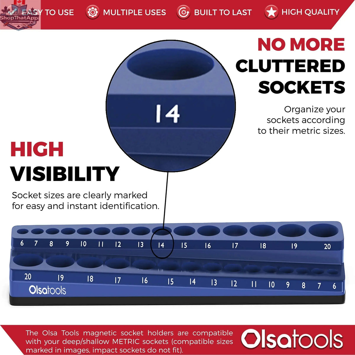 Olsa Tools Canada 2-Row Magnetic Socket Holders for 1/2 Drive Click Torque Wrench, organized with labeled sockets in an infographic image.