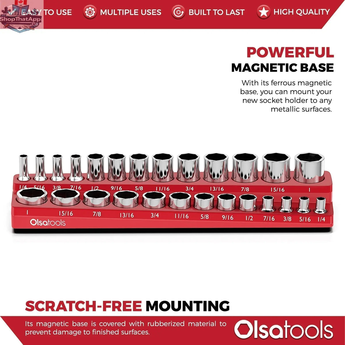 Olsa Tools Canada 2-Row Magnetic Socket Holders for 1/2 drive click torque wrench, organized with magnetic socket slots.