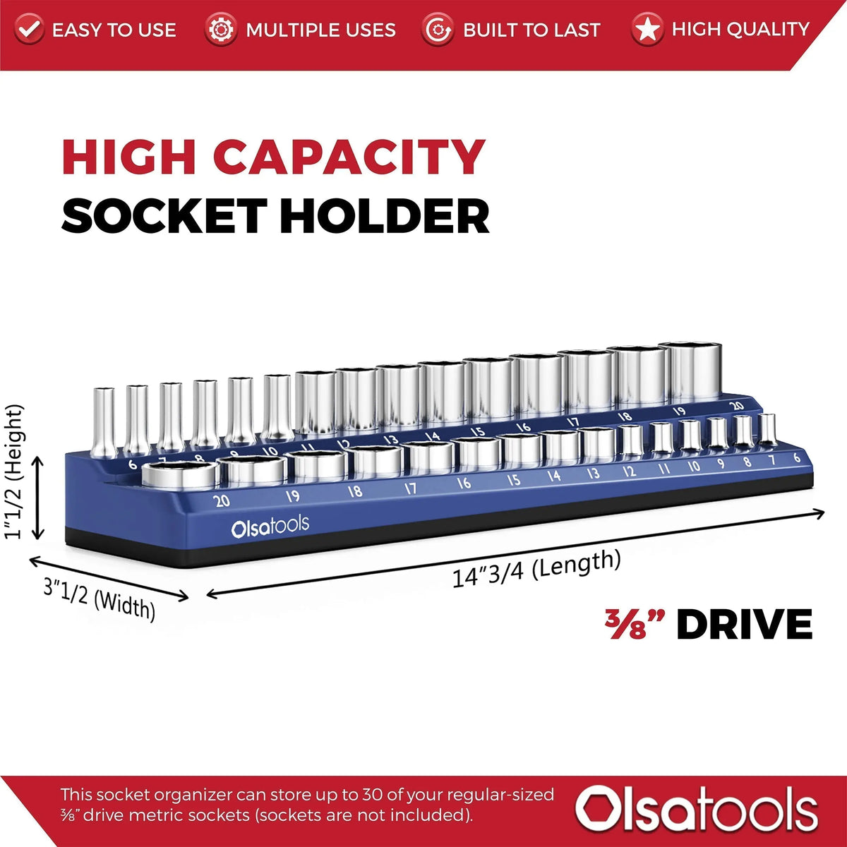 Blue 2-row magnetic socket holders for 1/2 drive click torque wrench, organized socket storage by Olsa Tools Canada.