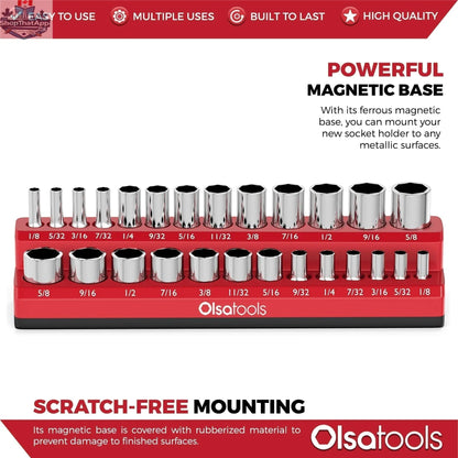 Infographic showing Olsa Tools Canada 2-Row Magnetic Socket Holders for 1/2 drive click torque wrench, organizing sockets efficiently.