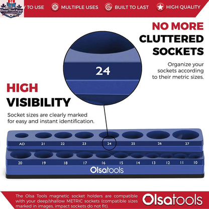Olsa Tools Canada 2-Row Magnetic Socket Holders for 1/2 Drive Click Torque Wrench, organized socket storage and organization.