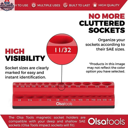 Infographic showing 2-row magnetic socket holders for click torque wrench 1/2 drive by Olsa Tools Canada, organizing sockets securely.