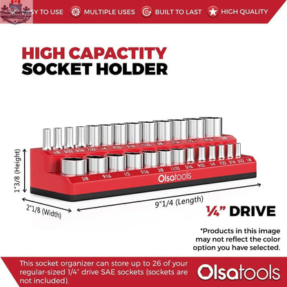 Infographic showing Olsa Tools Canada 2-Row Magnetic Socket Holders for 1/2 drive click torque wrench, organizing socket sets efficiently.