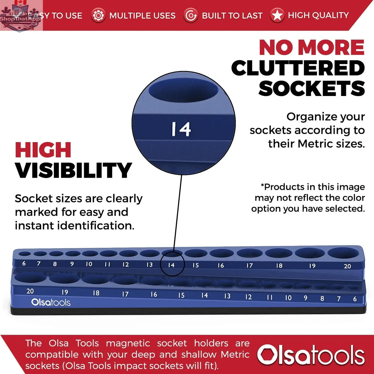 Infographic showing Olsa Tools Canada 2-Row Magnetic Socket Holders for 1/2 drive click torque wrench, organized socket storage.
