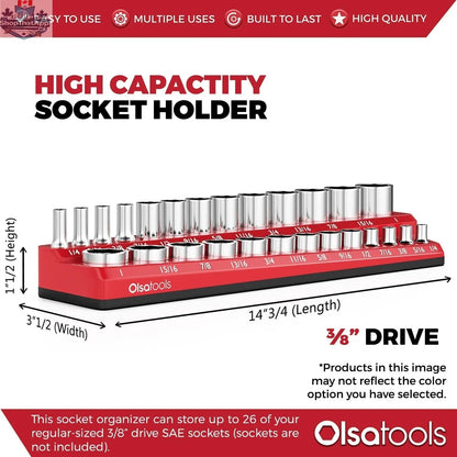 Olsa Tools Canada 2-Row Magnetic Socket Holders for 1/2 Drive Click Torque Wrench, organized socket storage, infographic layout