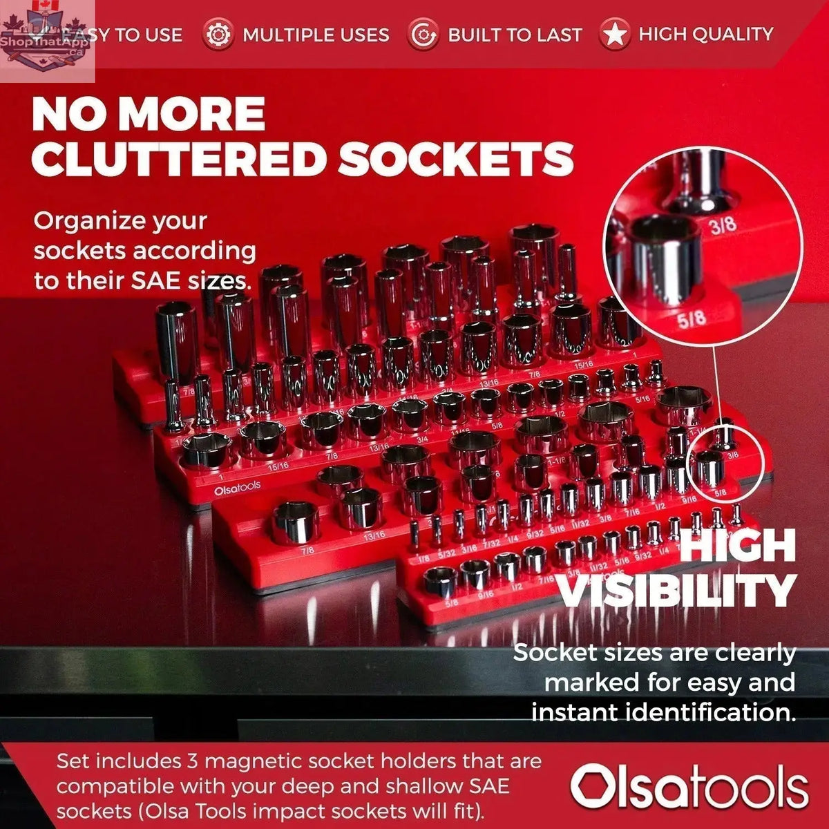Olsa Tools Canada 2-Row Magnetic Socket Holders for 1/2 drive click torque wrench, organized socket storage with magnetic design.