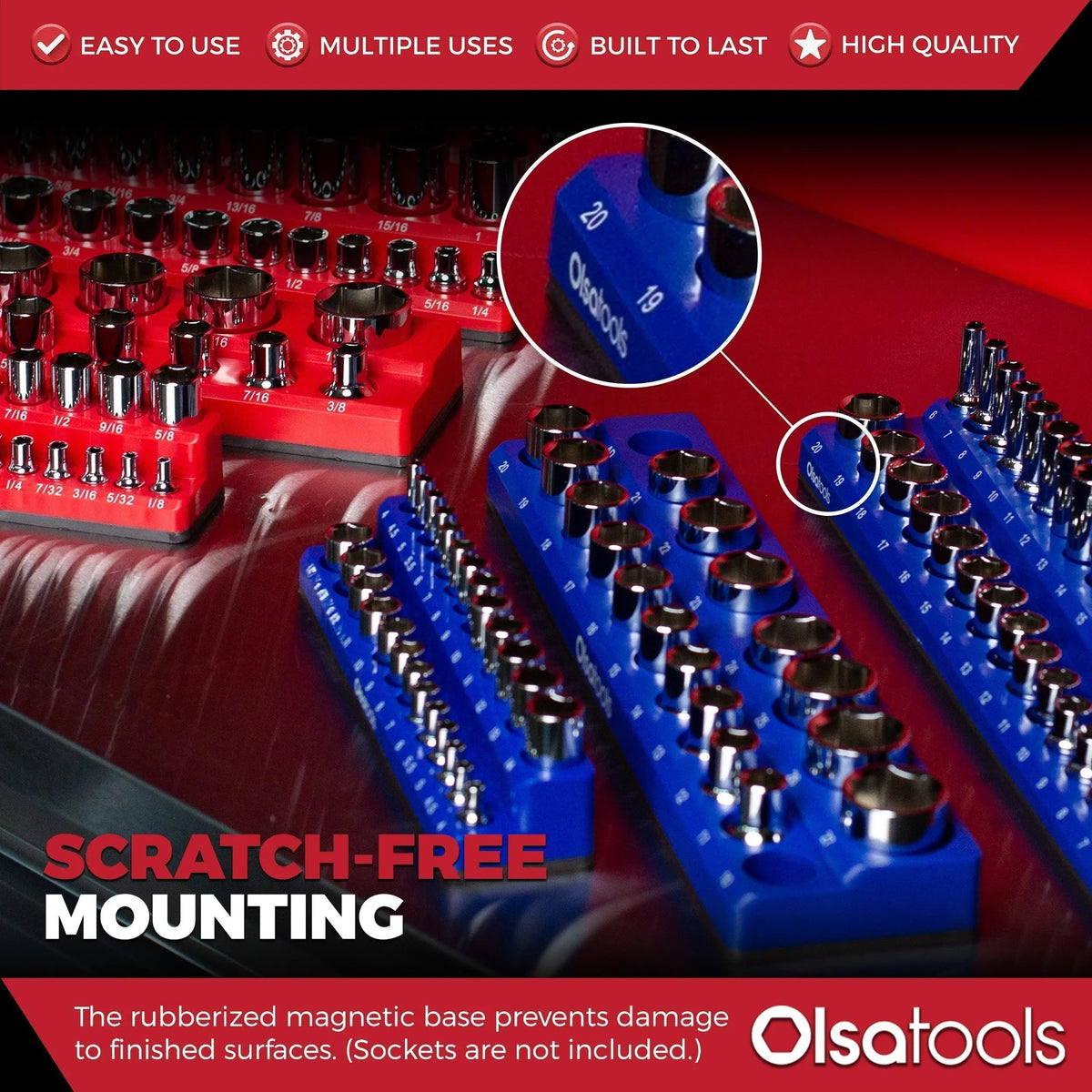 Olsa Tools Canada 2-Row Magnetic Socket Holders for Click Torque Wrench 1/2 drive, organized with magnetic socket slots.