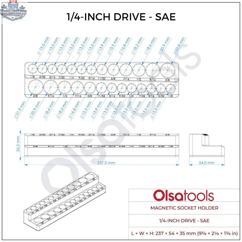 Olsa Tools Canada 2-row magnetic socket holders for 1/2 drive click torque wrench, organized with labeled sockets.