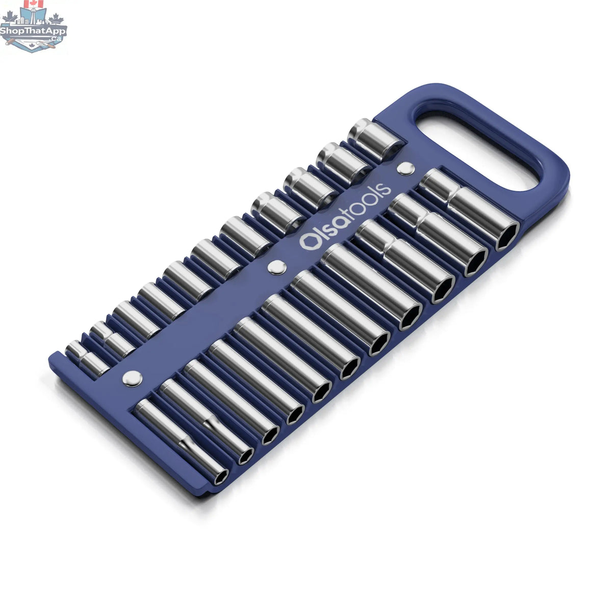 Olsa Tools Canada magnetic socket organizer tray for easy tool management with neatly arranged sockets on a black tray.