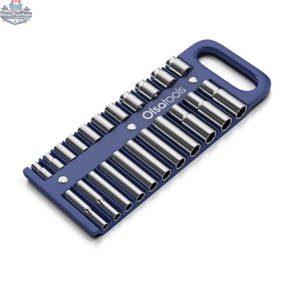 Olsa Tools Canada magnetic socket organizer tray for easy tool management with neatly arranged sockets on a black tray.