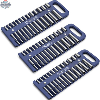 Olsa Tools Canada magnetic socket organizer tray with black slots for holding various sizes of sockets for efficient tool management.