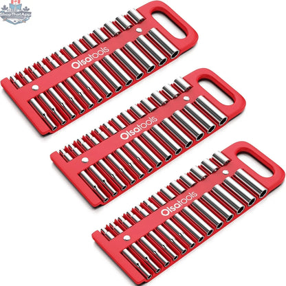 Olsa Tools Canada magnetic socket organizer tray holding various metal sockets for easy tool management and organization.