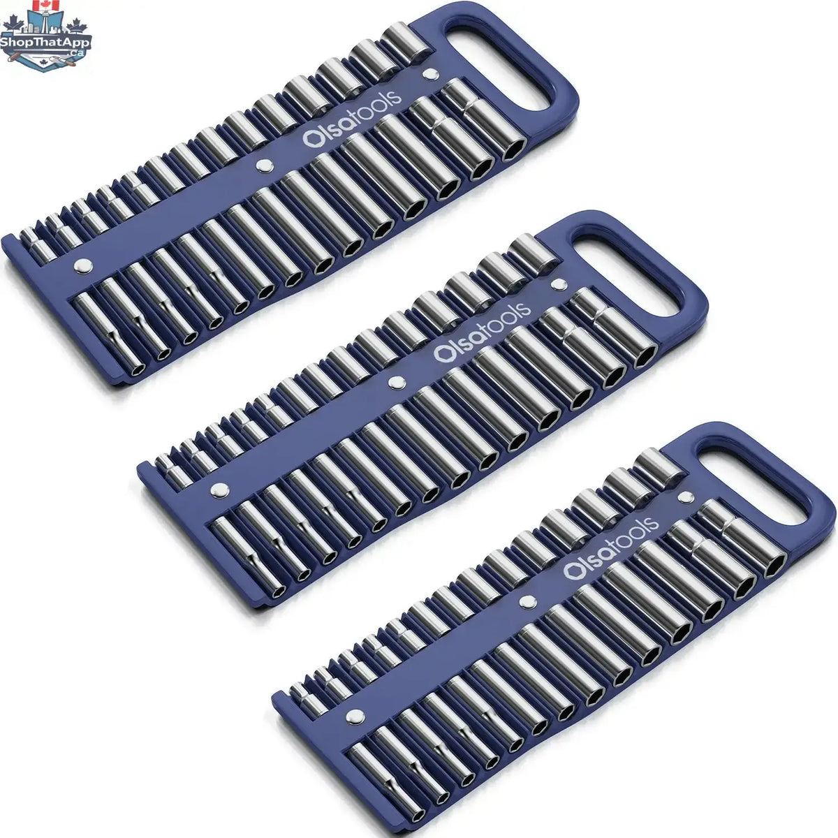 Olsa Tools Canada magnetic socket organizer tray with neatly arranged sockets for easy tool management and storage.