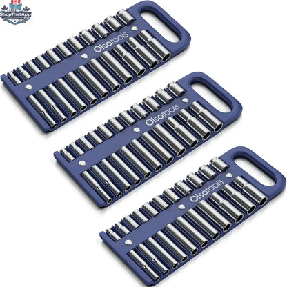 Olsa Tools Canada magnetic socket organizer tray with labeled slots for easy tool management and secure socket storage.