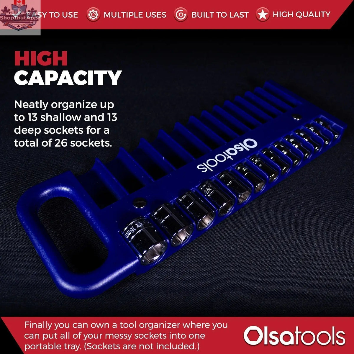 Olsa Tools Canada magnetic socket organizer tray with labeled compartments for easy tool management and secure socket storage