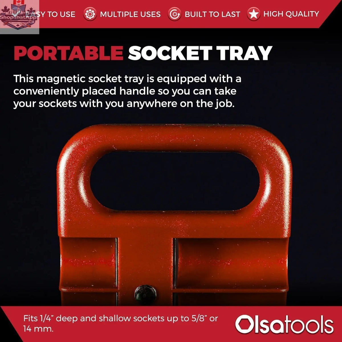Olsa Tools Canada magnetic socket organizer tray with labeled slots for easy tool management and secure storage of sockets.
