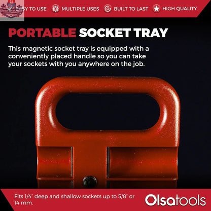 Olsa Tools Canada magnetic socket organizer tray with labeled slots for easy tool management and secure storage of sockets.