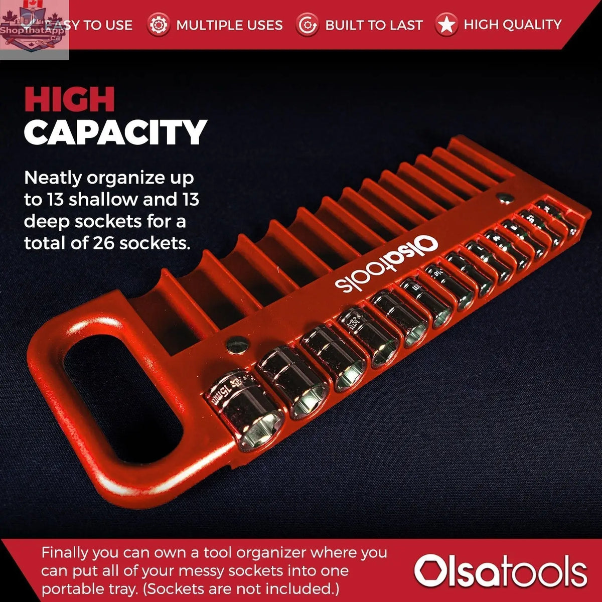 Olsa Tools Canada magnetic socket organizer tray with labeled slots for easy tool management and secure socket storage.