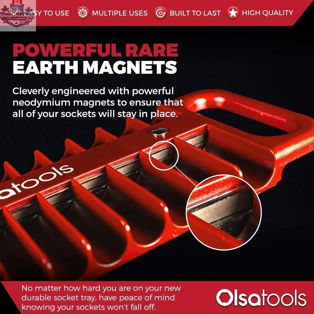 Olsa Tools Canada magnetic socket organizer tray with labeled slots for easy tool management and secure socket storage.