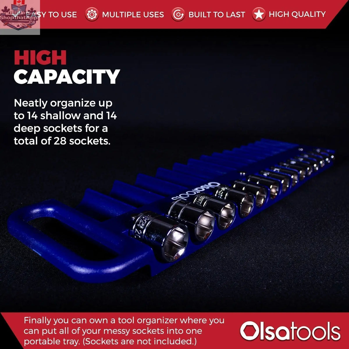 Olsa Tools Canada magnetic socket organizer tray with labeled slots for easy tool management and secure socket storage