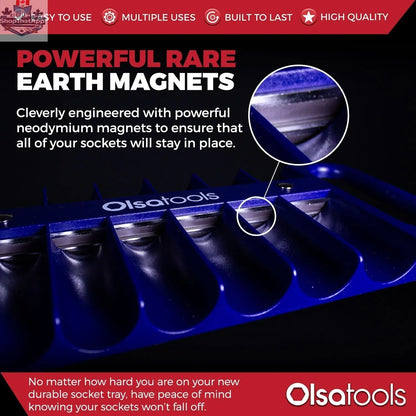 Olsa Tools Canada magnetic socket organizer tray displaying organized sockets with labeled slots for easy tool management.