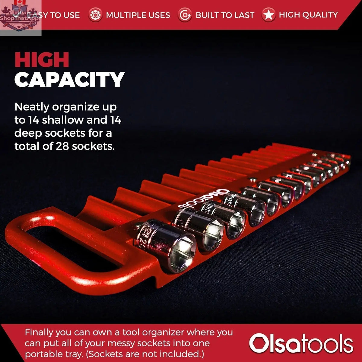 Olsa Tools Canada magnetic socket organizer tray displaying organized sockets and easy tool management features.