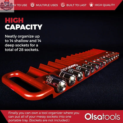 Olsa Tools Canada magnetic socket organizer tray displaying organized sockets and easy tool management features.